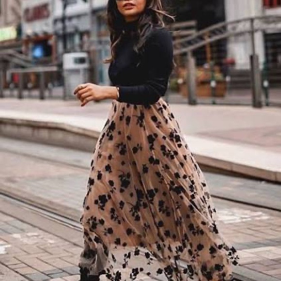 Burnout Velvet Layered Mesh Midi Skirt M Caramel Brown Black Floral Fairy Core - Picture 1 of 12